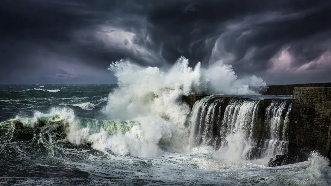 Grande marée spectaculaire à Saint-Malo, vagues sur les remparts