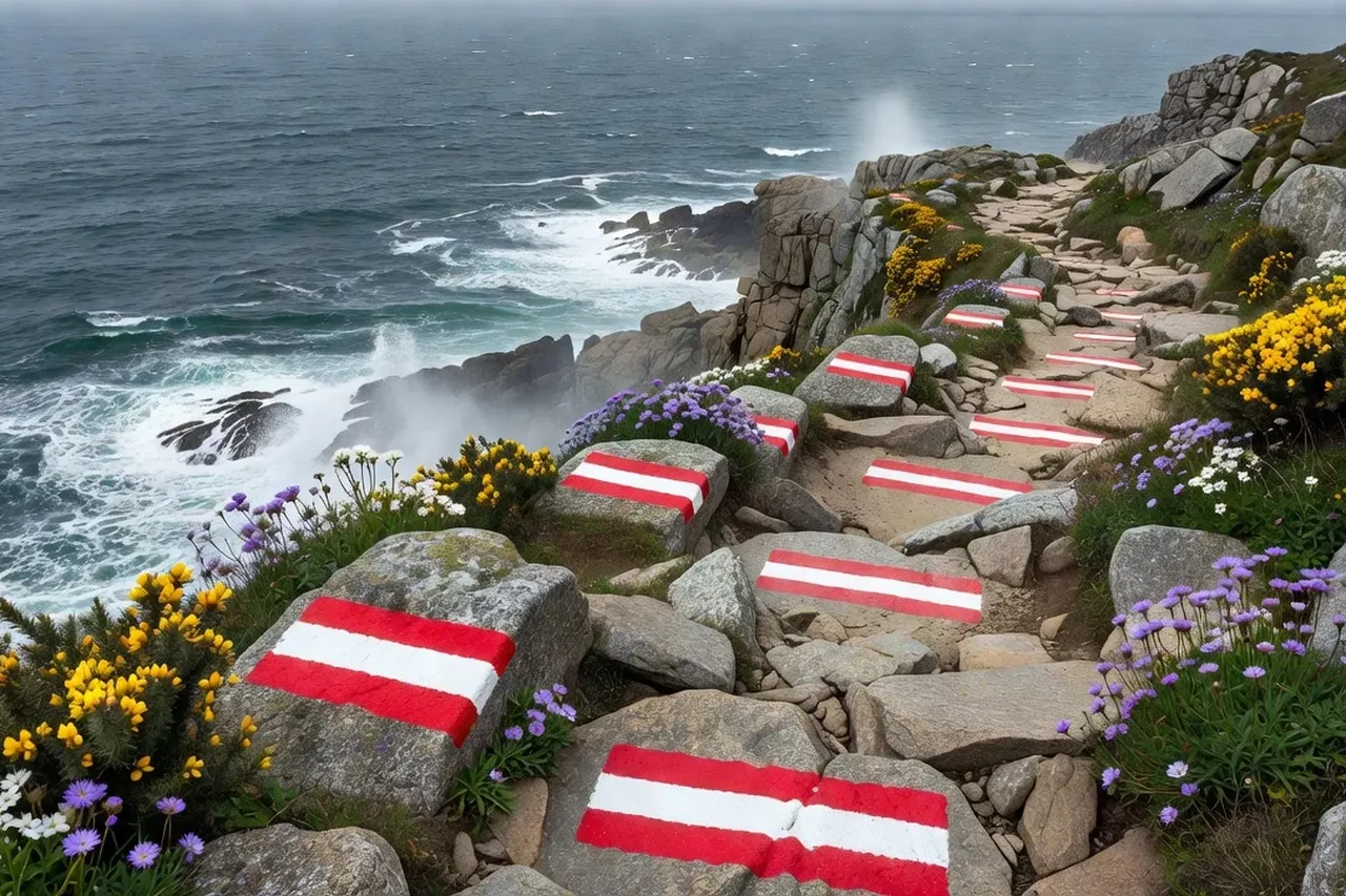 Coureurs longeant les falaises de la Cote d’Emeraude au lever du soleil