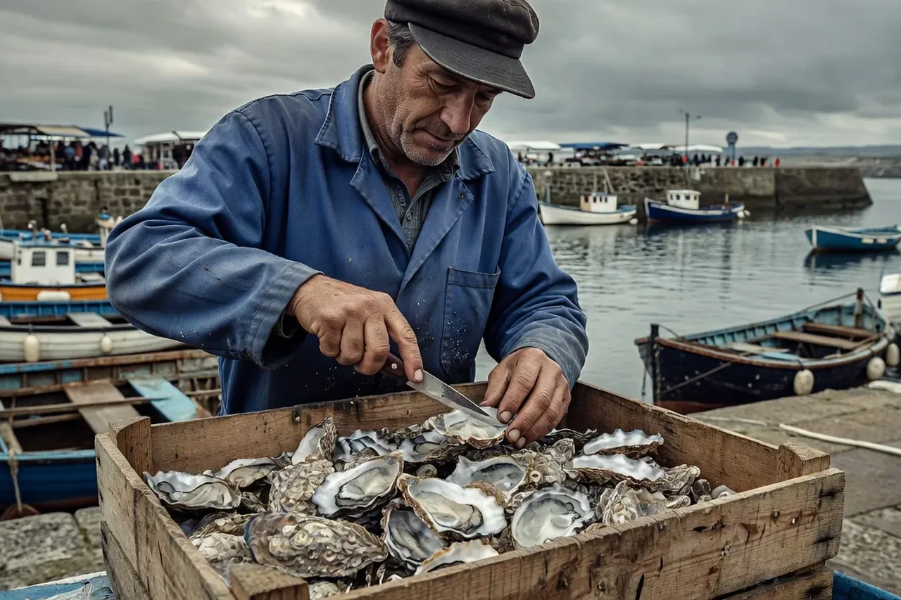 Etals colores d’un marche breton avec produits locaux et huitres de Cancale