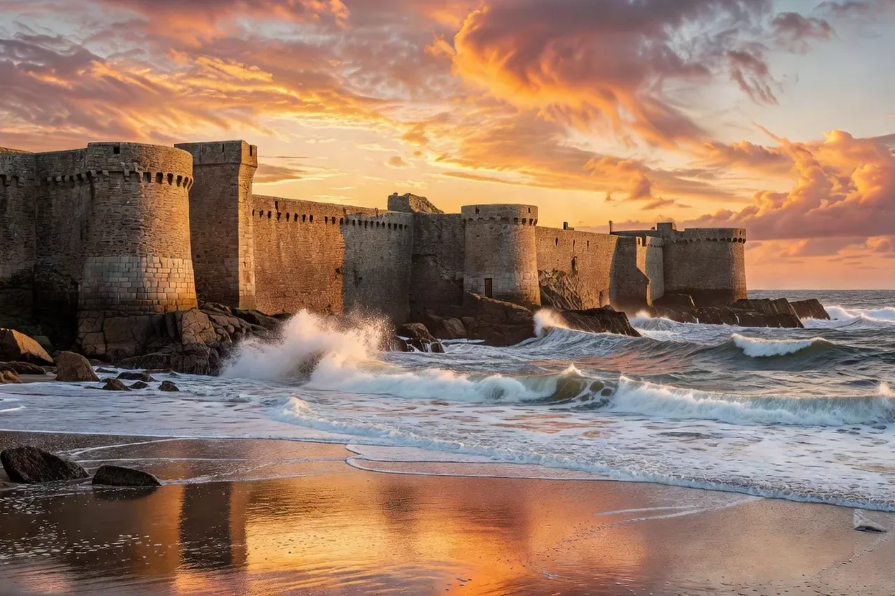 Les remparts de Saint-Malo au coucher du soleil avec les grandes marées